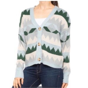 New C&C CALIFORNIA Aztec Print Oversized Cropped Cardigan V Neck Blue Sweater S